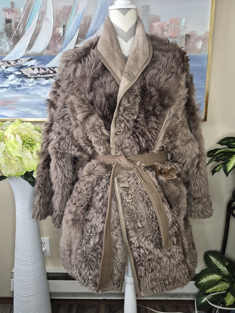 Vintage Vera Pelle Taupe Plush Sheep Shearling Belted Reversible Coat